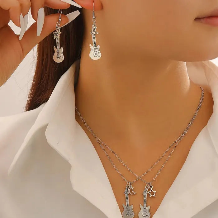 Guitar Star Moon Pendant Necklace and Earrings Zinc Alloy Jewelry Gift