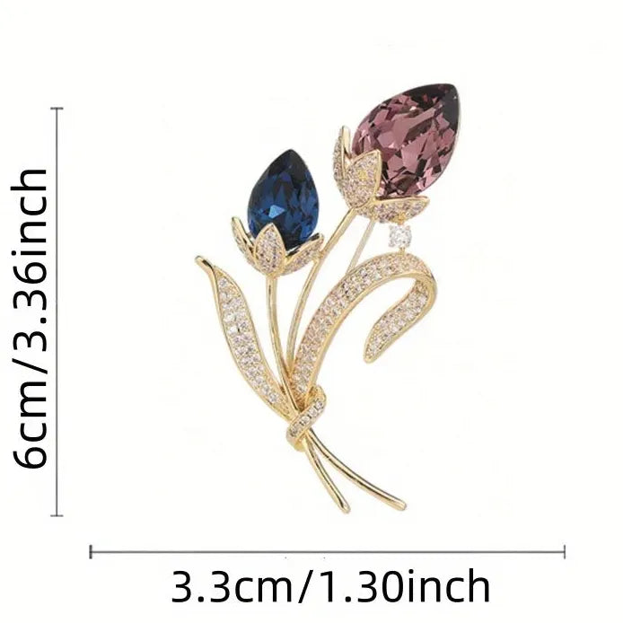 Ladies Retro Twin Flower Crystal Brooch Vintage Pin Accessory for Women