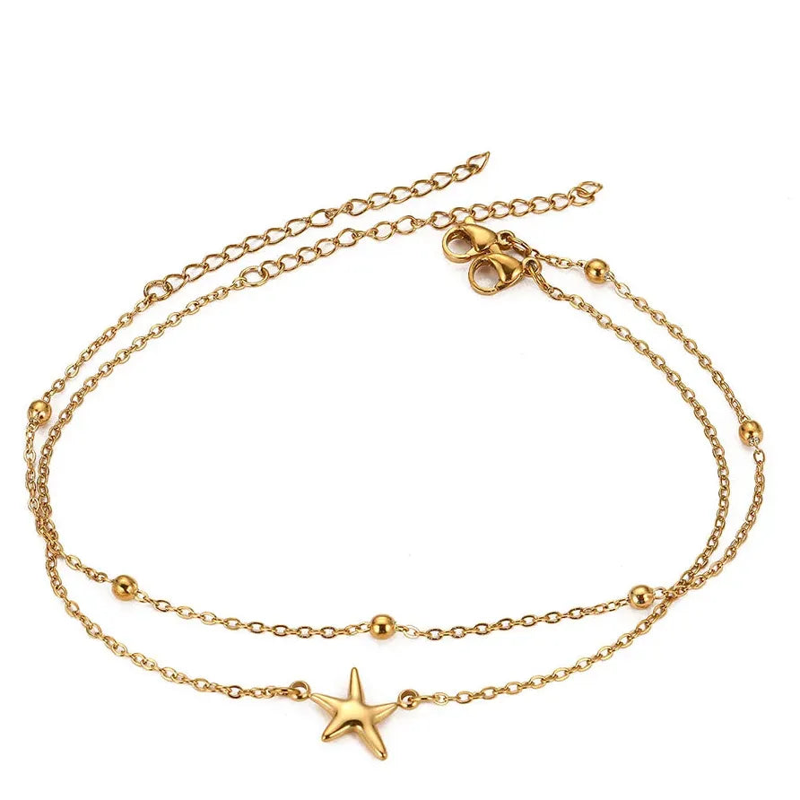 2Pcs Stainless Steel Star Double-Layer Waterproof Anklets for Women