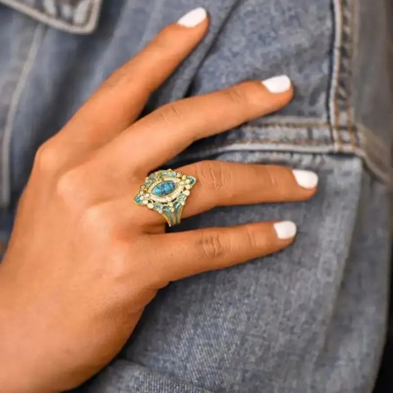 Vintage Bohemian Copper Ring for Women with Cubic Zirconia Antique Gold Carving