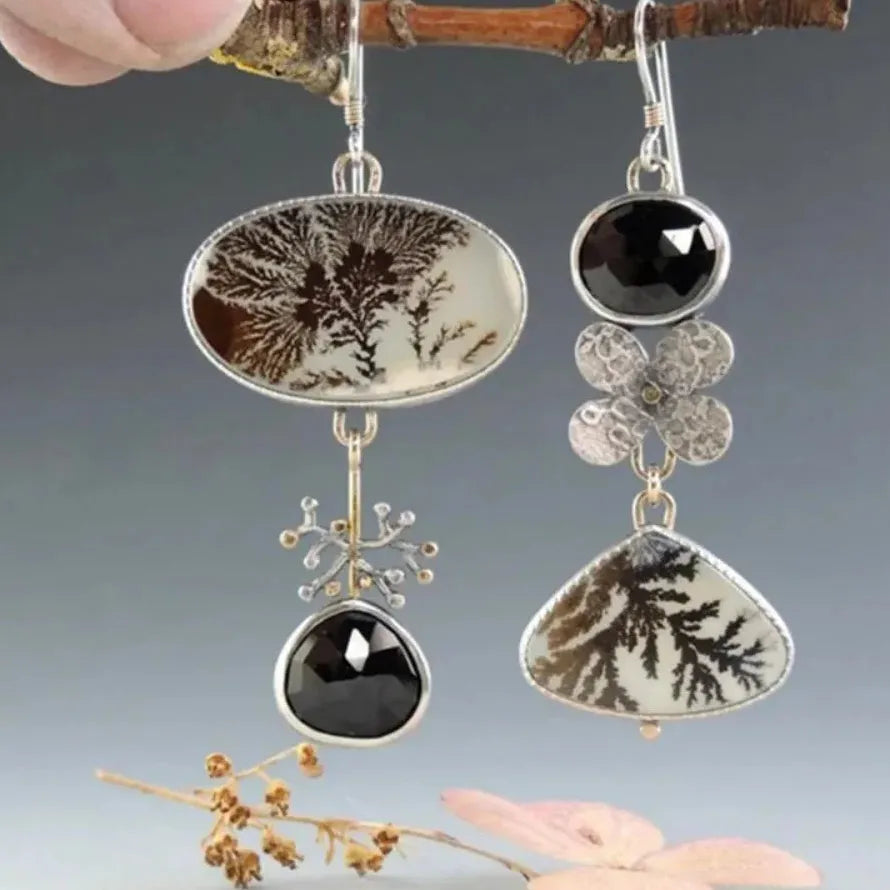 Vintage Asymmetrical Water Drop Flower Earrings Black Stone Zinc Alloy Metal