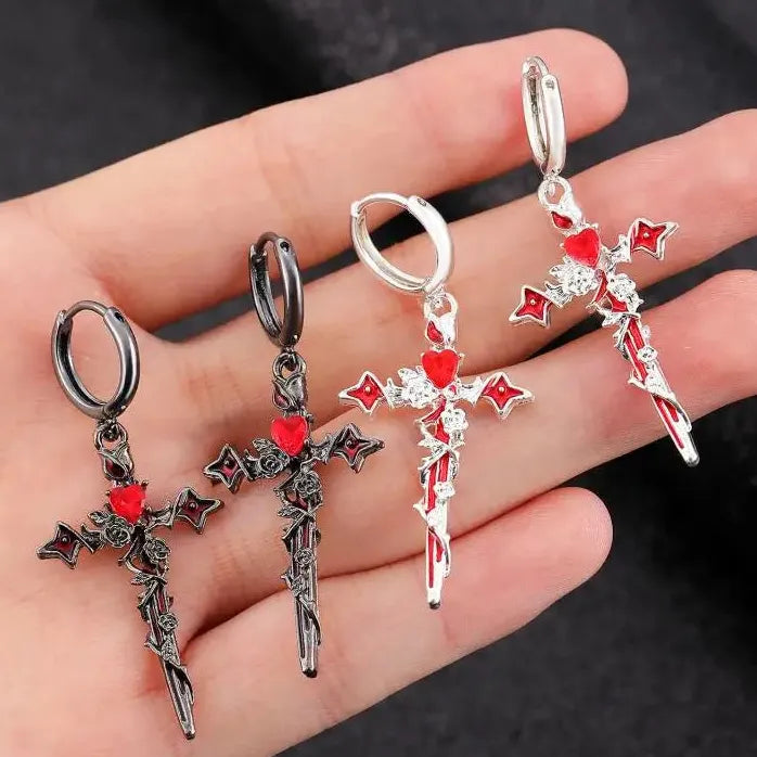 Cross Crystal Hoop Earrings Punk Thorn Rose Dripping Oil Cross Jewelry for Women Men