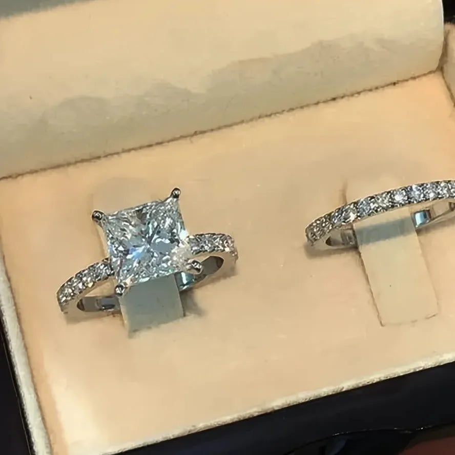Elegant Round Square CZ Rings for Women Silver Brass Cubic Zirconia Wedding Engagement Jewelry Set