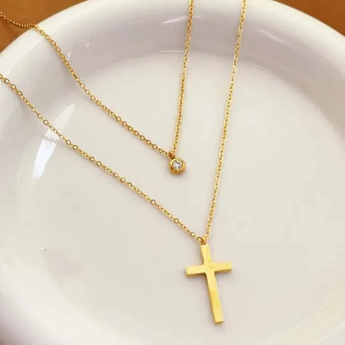 Stainless Steel Gold Cross Pendant Necklace for Women Double Layer Chain Jewelry Gift