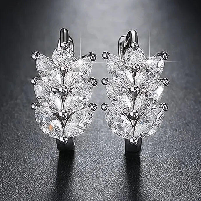 Leaf Shape Hoop Earrings with Marquise White Cubic Zirconia, Brass Alloy