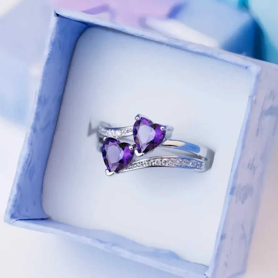 Silver-Plated Double Heart Cubic Zirconia Cocktail Ring for Women Copper