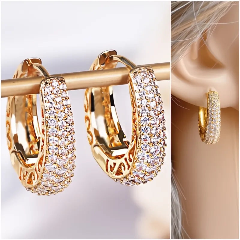 Luxury Gold Color Cubic Zirconia Paved Hollow Out Hoop Earrings for Women Fashion Jewelry