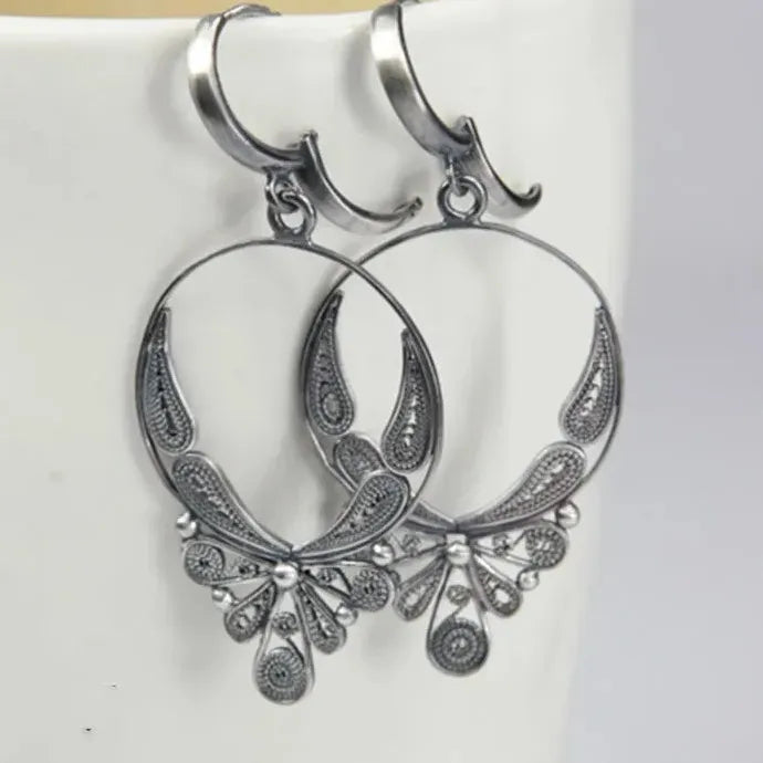 Silver Metal Dragonfly Earrings Vintage Hollow Dangle Zinc Alloy for Women
