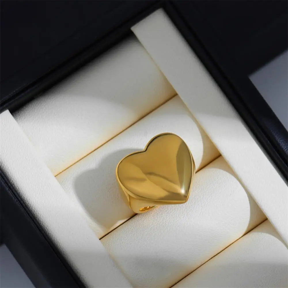 18K Gold Plated Chunky Heart Ring for Women Waterproof Non Tarnish Wedding Jewelry