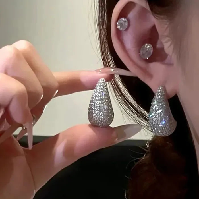 Gold Plated Chunky Dome Water Drop Earrings with Zircon for Women
