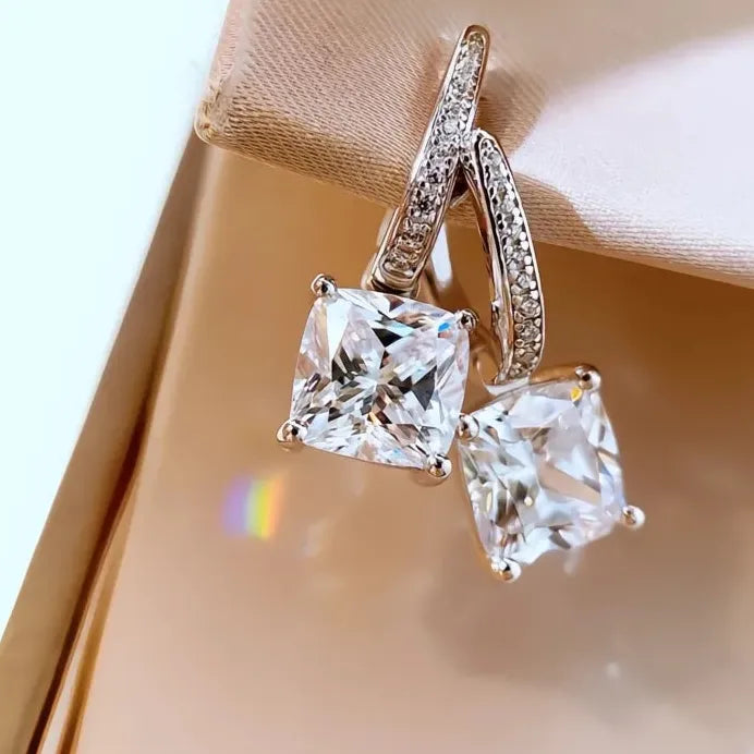Geometric Drop Earrings with Shining Princess CZ for Women’s Party & Wedding
