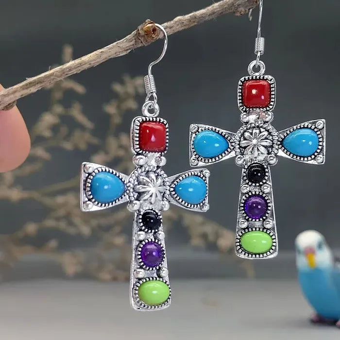 Vintage Bohemian Style Colored Gemstone Inlaid Pendant Drop Earrings for Women