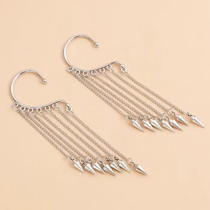 Adjustable Metal Rivet Tassel Clip-On Earrings for Women Hip-Hop Punk Jewelry