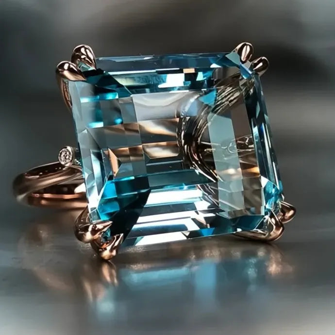 Rose Gold 4 Claw Sky Blue Rectangular Cubic Zirconia Geometric Ring