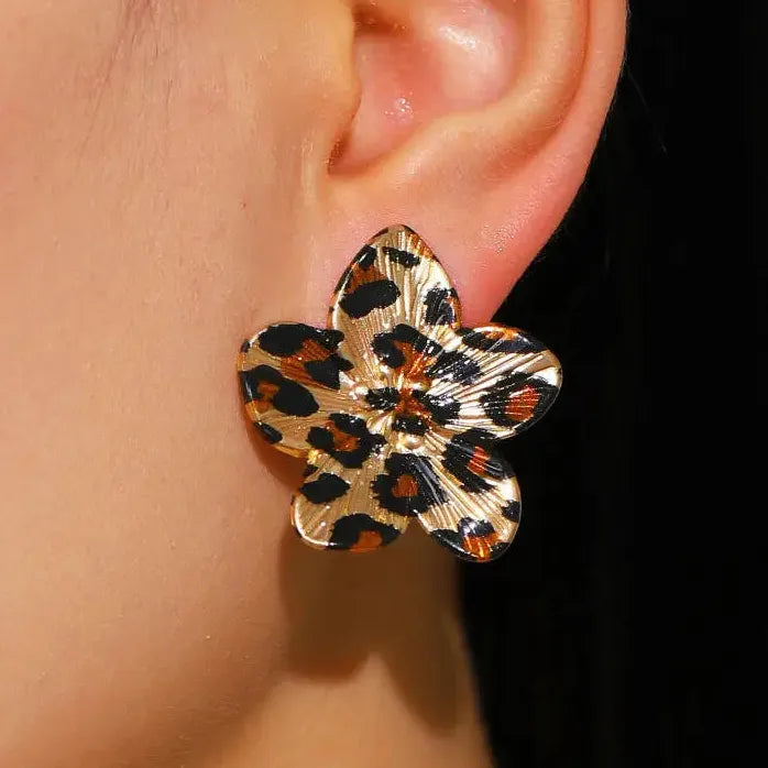 Vintage Leopard Print Geometric Flower Petal Drop Earrings for Women Jewelry