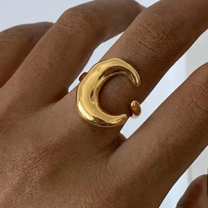 Adjustable Gold Stainless Steel Moon Shaped Ring for Women Celestial Jewelry