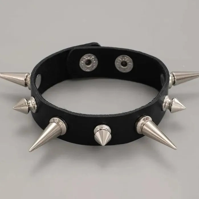 Punk Gothic Metal Spike Rivets Chain Cuff Bracelet Black PU Leather Adjustable Wristband