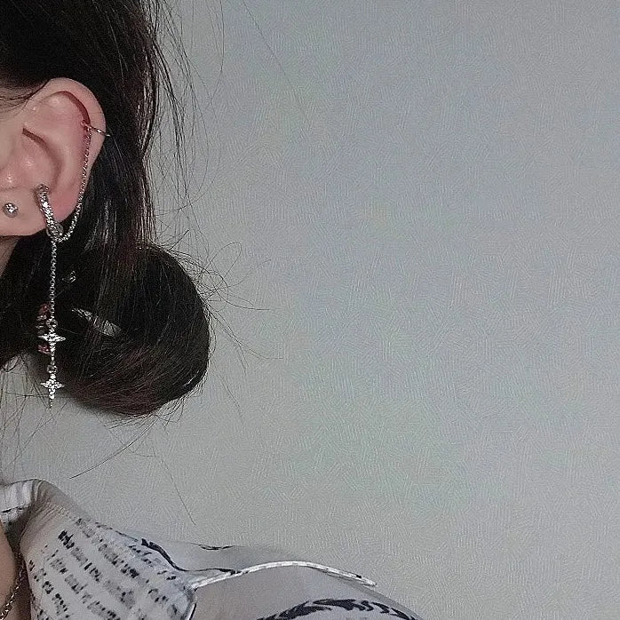 Silver Star Crystal Tassel Clip-On Cuff Earrings for Women Jewelry
