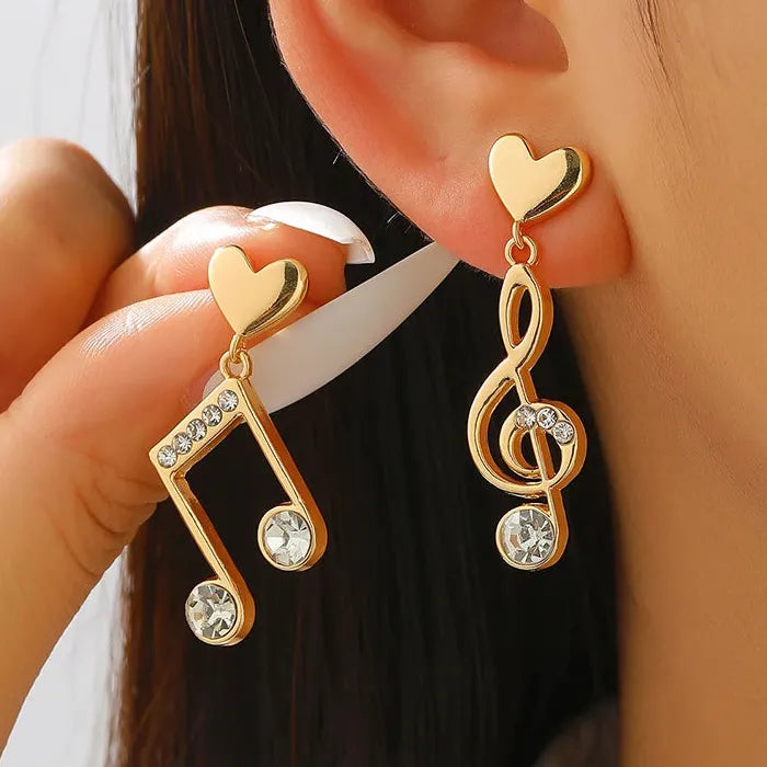 Zircon Musical Note Copper Drop Earrings Asymmetric Dangle Jewelry Gift