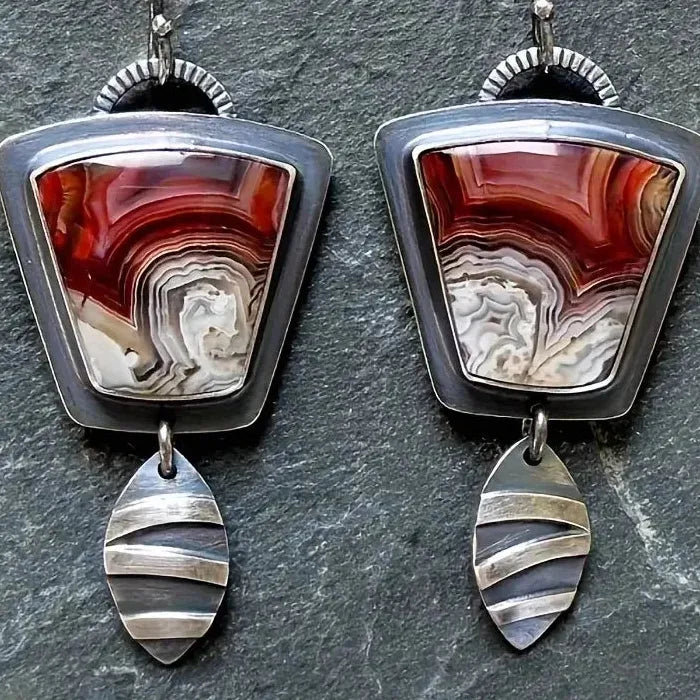 Handmade Boho Drop Earrings for Women Natural Stone Hook Ancient Design Gift