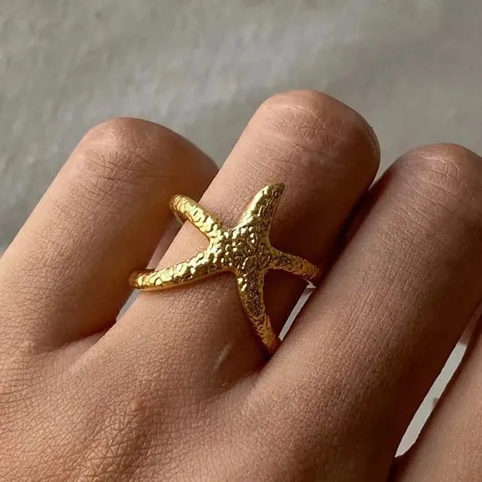 Adjustable Stainless Steel Starfish Ring for Women Men Gold Jewelry Gift