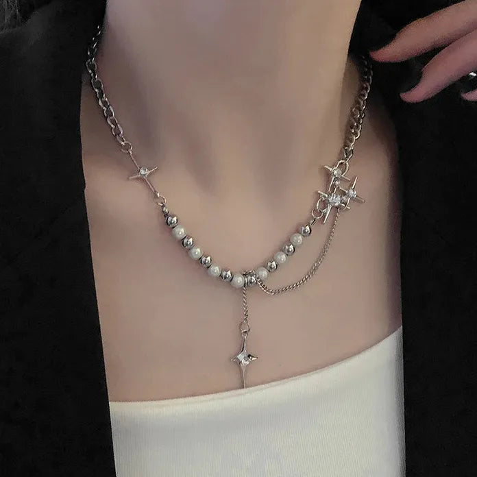 Kpop Star Pendant Necklace Men Women Beaded Pearl Tassel Choker Jewelry