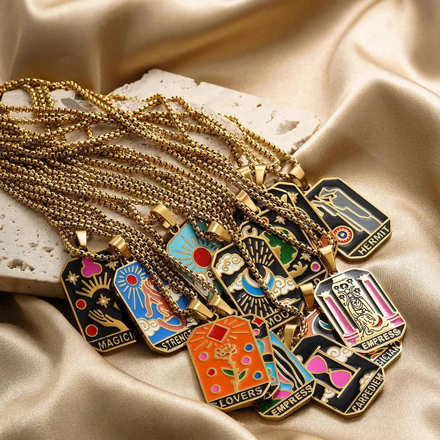 Vintage Gold Plated Stainless Steel Tarot Card Pendant Necklace for Women Punk