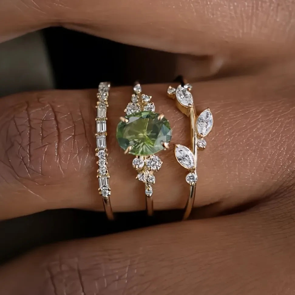Oval Olive Leaf CZ Bridal Ring Set for Women Wedding Party Brass Jewelry