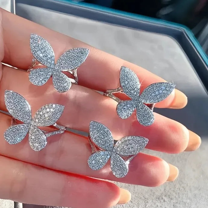 Silver Butterfly White CZ Wedding Ring Brass Geometric Band for Women