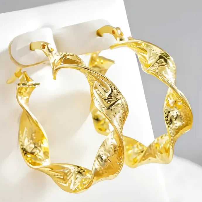 Chunky Twisted Textured Gold Hoop Earrings for Women Brass Alloy