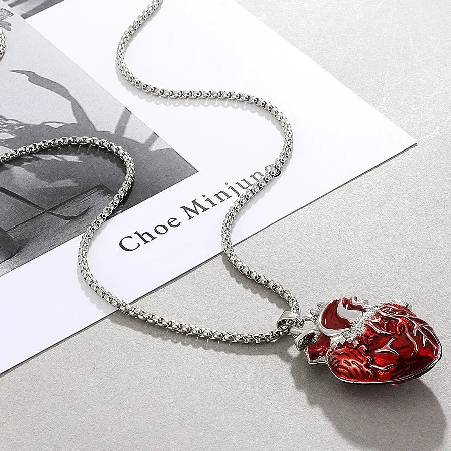 Gothic Rose Red Love Necklace Women’s Y2K Grunge Silver Tone Copper Heart Pendant Jewelry
