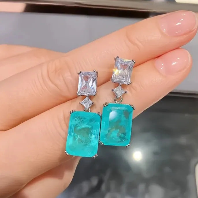 Blue Geometric Cubic Zirconia Drop Earrings Elegant Wedding Gift Jewelry