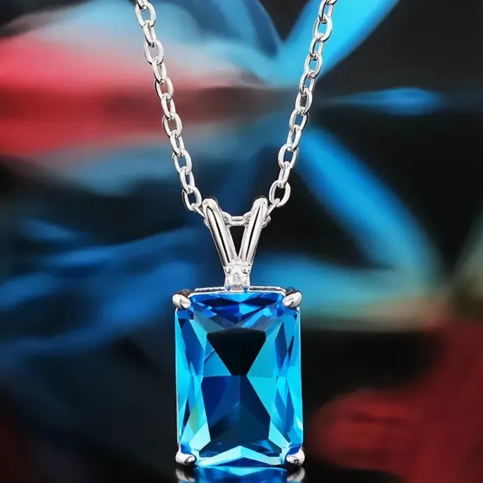 Rectangular Blue CZ Pendant Necklace for Women Silver Wedding Jewelry