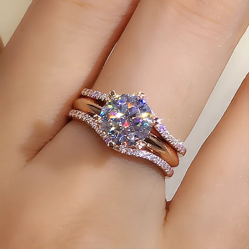 Unique Rose Gold Cubic Zirconia Rings for Women Classic 6 Claw Prong Wedding Engagement Bands