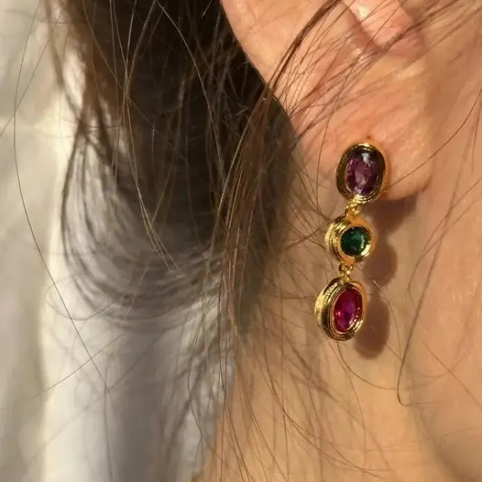 Classic Colorful Zircon Oval Drop Earrings for Women Vintage Style Jewelry