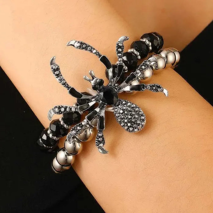 Punk Gothic Black Crystal Spider Necklace & Bracelet Set for Men Women