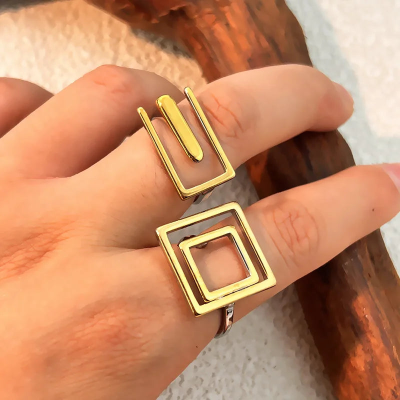 18k Gold Plated Stainless Steel Geometric Hollow Wire Ring for Women