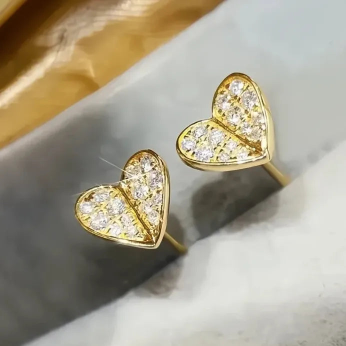 Heart Shaped Gold Color CZ Stud Earrings Romantic Wedding Jewelry