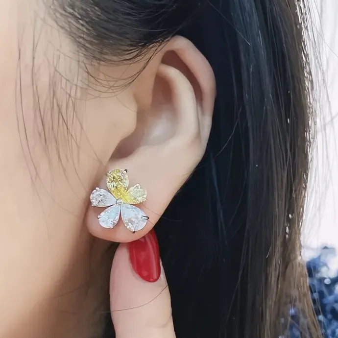 Flower Stud Earrings with Yellow & White Cubic Zirconia Brass Gift for Women