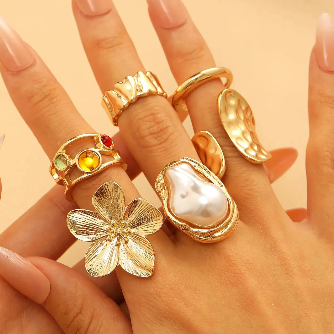 6Pcs Unisex Punk Gothic Geometric Crystal Metal Rings Durable Fashion Jewelry