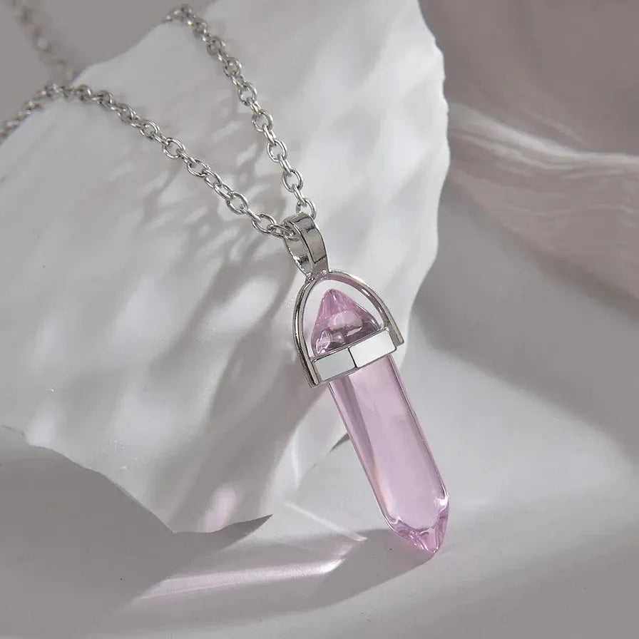 Pink Crystal Quartz Hexagonal Column Pendant Necklace for Women Jewelry