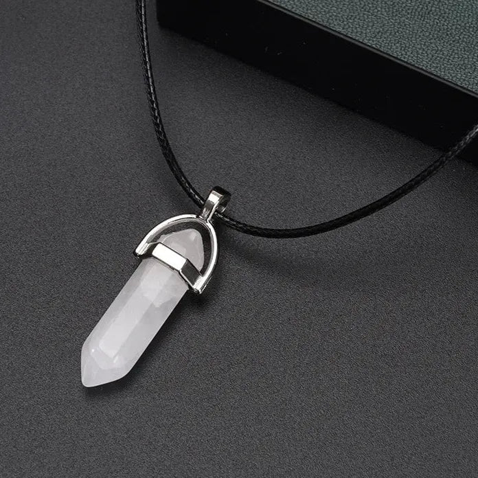 Natural Quartz Crystal Opal Agate Hexagonal Pendulum Necklace Leather Chain Charm