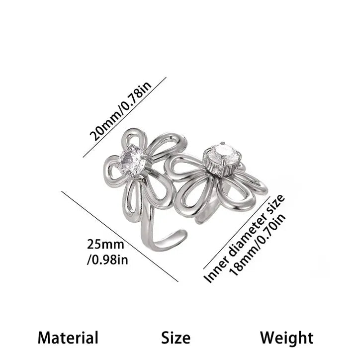 Adjustable Luxury Flower Hollow Stainless Steel Ring for Women with Zircon Stone