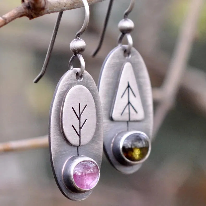 Silver Rose Gold Oval Tree Geometry Long Dangle Earrings for Women Wedding Jewelry