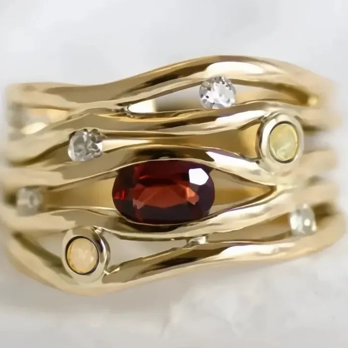 Women’s Gold Geometric Cocktail Ring with Red CZ & Opal for Weddings