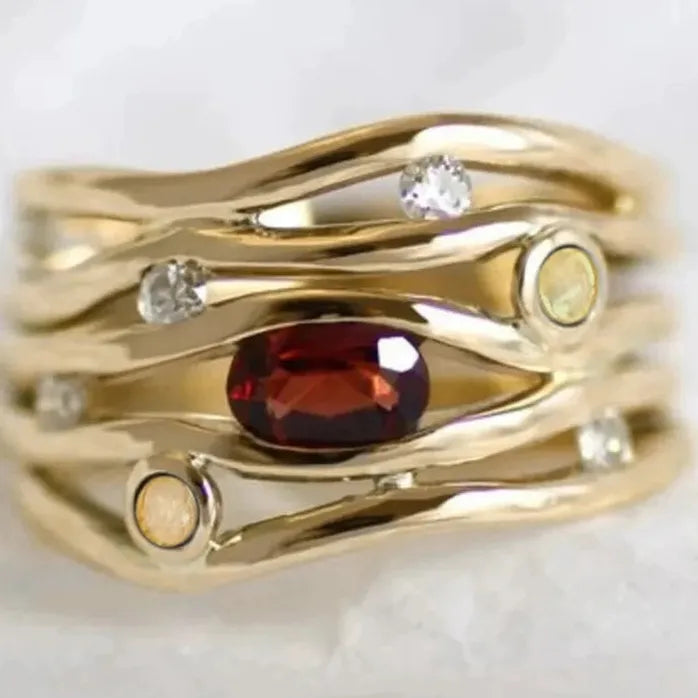 Vintage Women’s Brass Geometric Statement Ring with Imitation Opal