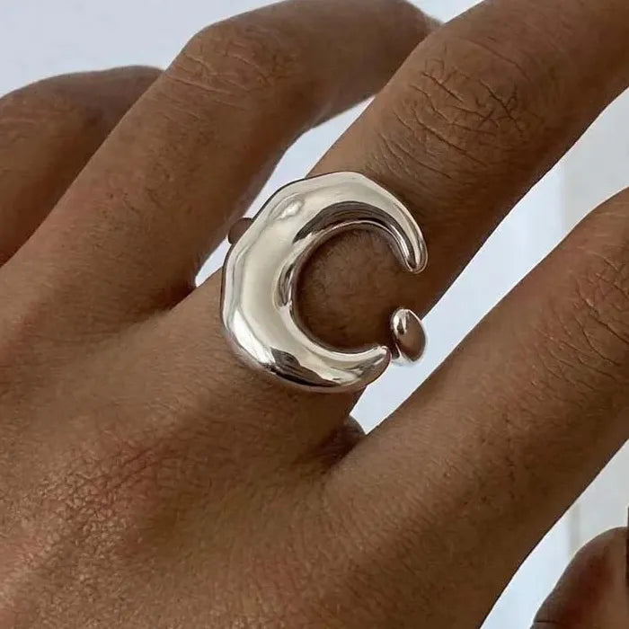 Adjustable Gold Stainless Steel Moon Shaped Ring for Women Celestial Jewelry
