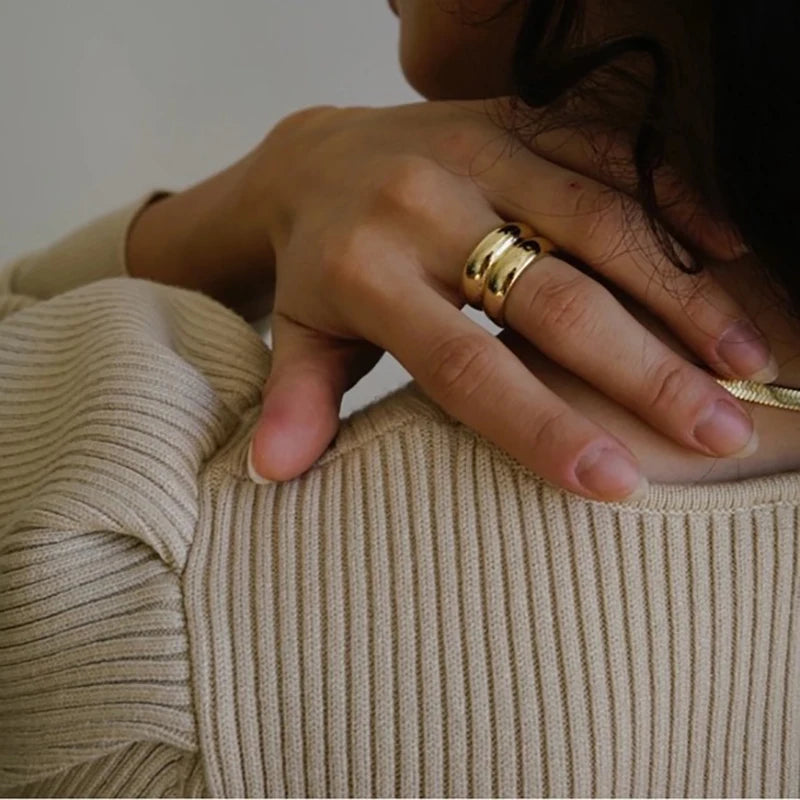 Punk Polished Bilayer Stainless Steel Chunky Rings for Women Gold Plated 2025