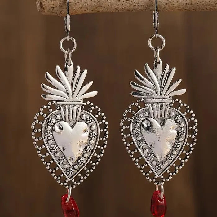 Vintage Sparkling Red Water Drop Pendant Earrings Zinc Alloy Sacred Heart Mom Gift