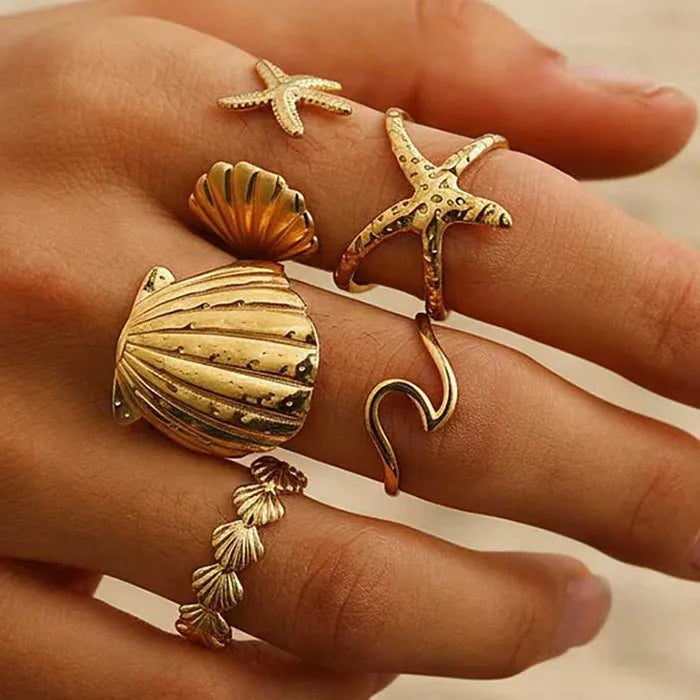 Adjustable Stainless Steel Shell Starfish Ring Set 5Pcs Women Jewelry Gift